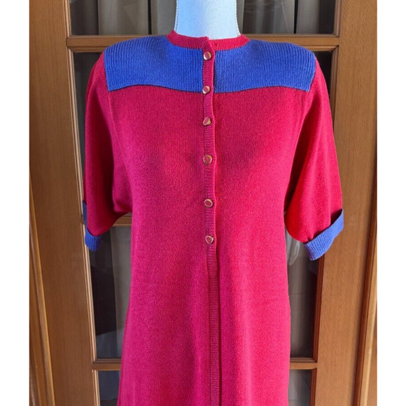 St. John Marie Gray Vintage Sweater Dress 80s Block Pink Purple Button Down Sz M - Picture 2 of 9